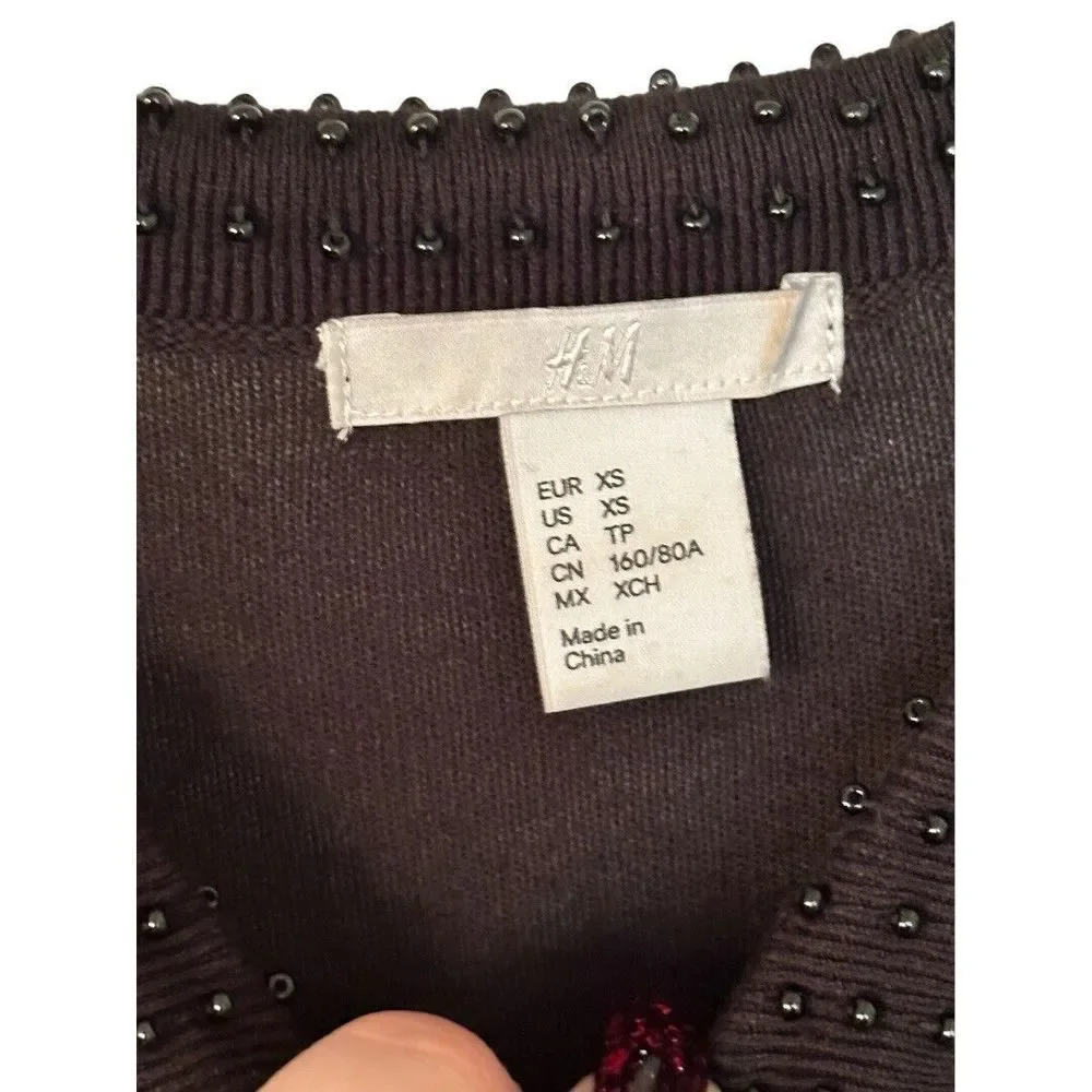 H&M Women’s Beaded Peter Pan Collar Lightweight Holiday Sweater Black XS - Picture 4 of 7